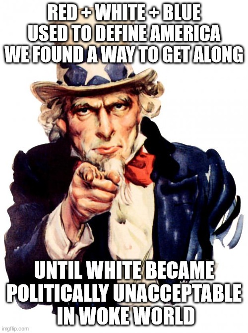 THOSE WERE THE DAYS | RED + WHITE + BLUE USED TO DEFINE AMERICA WE FOUND A WAY TO GET ALONG; UNTIL WHITE BECAME POLITICALLY UNACCEPTABLE
 IN WOKE WORLD | image tagged in memes,uncle sam | made w/ Imgflip meme maker