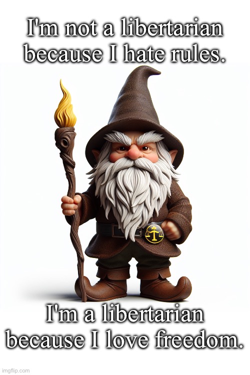 Libertarian grumpy gnome | I'm not a libertarian because I hate rules. I'm a libertarian because I love freedom. | image tagged in libertarian grumpy gnome | made w/ Imgflip meme maker
