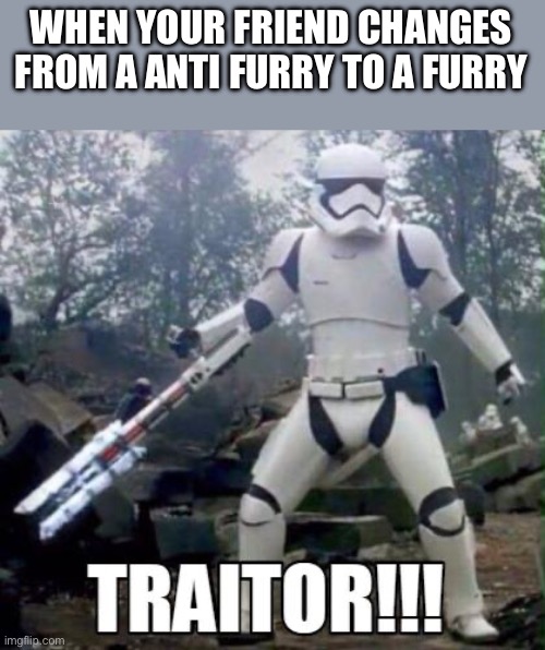 He shall be punished | WHEN YOUR FRIEND CHANGES FROM A ANTI FURRY TO A FURRY | image tagged in traitor trooper | made w/ Imgflip meme maker