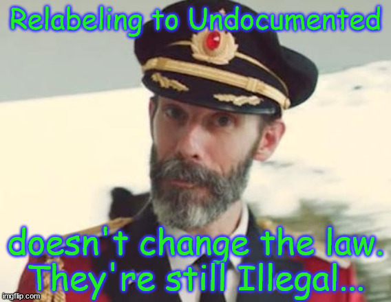 Relabeling doesn't change the fact that the law says they're illegal... | Relabeling to Undocumented; doesn't change the law.
They're still Illegal... | image tagged in captain obvious,illegal aliens,relabeling,does not change the fact | made w/ Imgflip meme maker