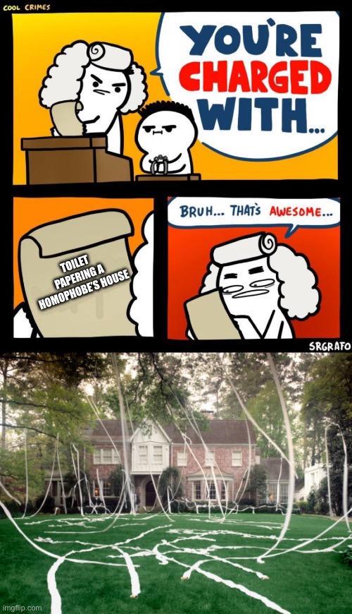 Toilet papering a homophobe’s house | TOILET PAPERING A HOMOPHOBE’S HOUSE | image tagged in cool crimes,toilet paper house,toilet paper,toilet papering,lgbtq,be gay do crimes | made w/ Imgflip meme maker