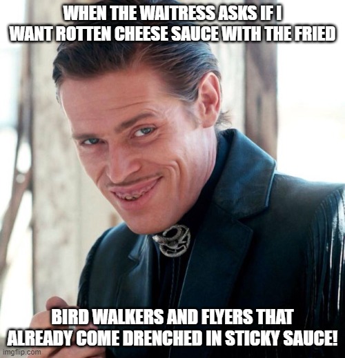 wings | WHEN THE WAITRESS ASKS IF I WANT ROTTEN CHEESE SAUCE WITH THE FRIED; BIRD WALKERS AND FLYERS THAT ALREADY COME DRENCHED IN STICKY SAUCE! | image tagged in chicken wings | made w/ Imgflip meme maker