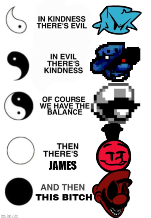 The Good and Evil in FnF plus mods | JAMES | image tagged in yin and yang,fnf,mario's madness,big engine brawl,thomas the tank engine,super mario | made w/ Imgflip meme maker