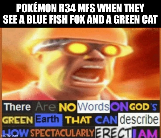 there are no words on god's green earth | POKÉMON R34 MFS WHEN THEY SEE A BLUE FISH FOX AND A GREEN CAT | image tagged in there are no words on god's green earth | made w/ Imgflip meme maker