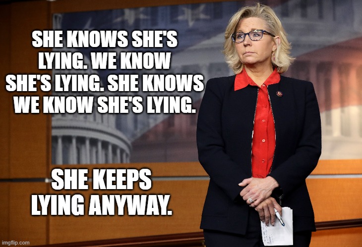 Cheney lying | SHE KNOWS SHE'S LYING. WE KNOW SHE'S LYING. SHE KNOWS WE KNOW SHE'S LYING. SHE KEEPS LYING ANYWAY. | image tagged in cheney lying | made w/ Imgflip meme maker