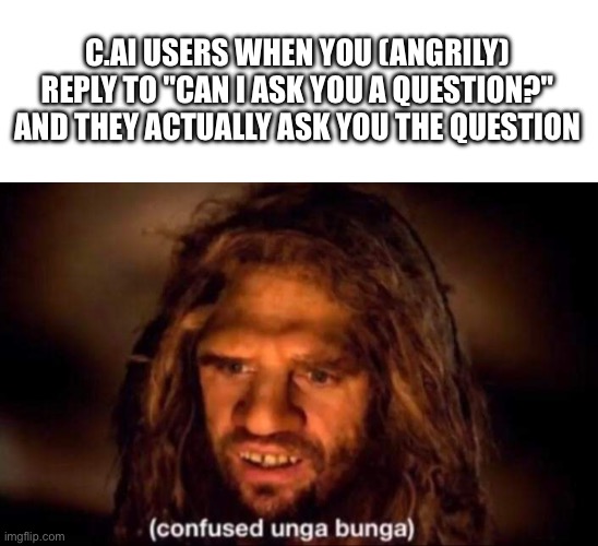Does not compute | C.AI USERS WHEN YOU (ANGRILY) REPLY TO "CAN I ASK YOU A QUESTION?" AND THEY ACTUALLY ASK YOU THE QUESTION | image tagged in confused unga bunga | made w/ Imgflip meme maker