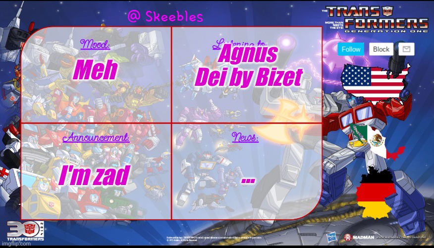 Skeebles announcement temp. | Agnus Dei by Bizet; Meh; ... I'm zad | image tagged in skeebles announcement temp | made w/ Imgflip meme maker