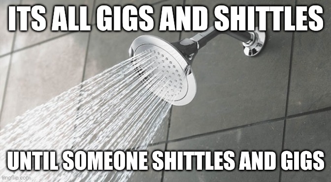 woooowww | ITS ALL GIGS AND SHITTLES; UNTIL SOMEONE SHITTLES AND GIGS | image tagged in shower thoughts | made w/ Imgflip meme maker