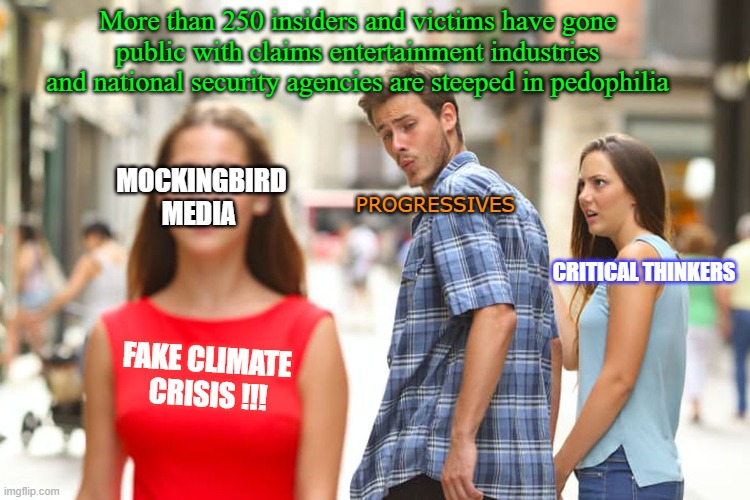 Distracted Boyfriend | More than 250 insiders and victims have gone public with claims entertainment industries and national security agencies are steeped in pedophilia; MOCKINGBIRD MEDIA; PROGRESSIVES; CRITICAL THINKERS; FAKE CLIMATE 
CRISIS !!! | image tagged in memes,distracted boyfriend | made w/ Imgflip meme maker