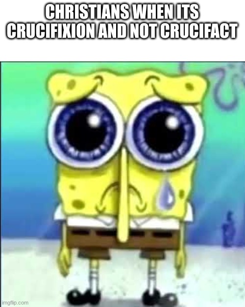 lol | CHRISTIANS WHEN ITS CRUCIFIXION AND NOT CRUCIFACT | image tagged in sad spongebob,funny,offensive,reddit | made w/ Imgflip meme maker