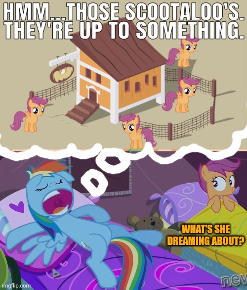 Scootaloo sleepover | WHAT'S SHE DREAMING ABOUT? | image tagged in rainbow dash sleepover,scootaloo,is chicken,mlp | made w/ Imgflip meme maker
