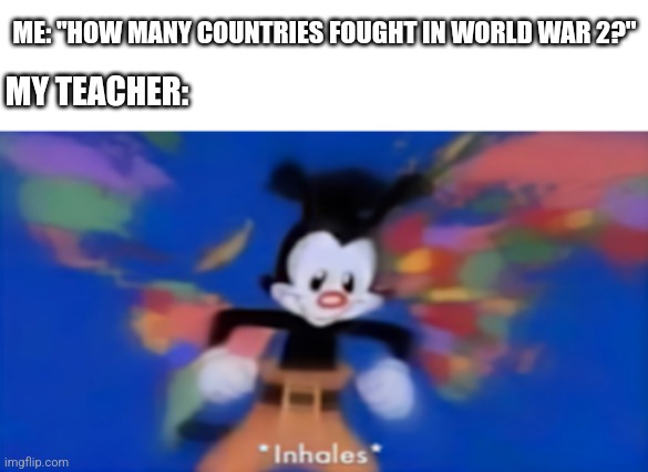 We're to begin | ME: "HOW MANY COUNTRIES FOUGHT IN WORLD WAR 2?"; MY TEACHER: | image tagged in yakko inhale,history memes,funny history,funny memes | made w/ Imgflip meme maker
