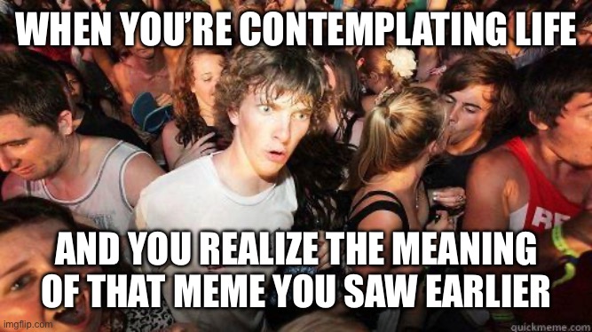 :O | WHEN YOU’RE CONTEMPLATING LIFE; AND YOU REALIZE THE MEANING OF THAT MEME YOU SAW EARLIER | image tagged in sudden realization,memes,funny,real | made w/ Imgflip meme maker