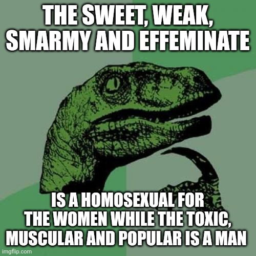 Homo | THE SWEET, WEAK, SMARMY AND EFFEMINATE; IS A HOMOSEXUAL FOR THE WOMEN WHILE THE TOXIC, MUSCULAR AND POPULAR IS A MAN | image tagged in memes,philosoraptor | made w/ Imgflip meme maker