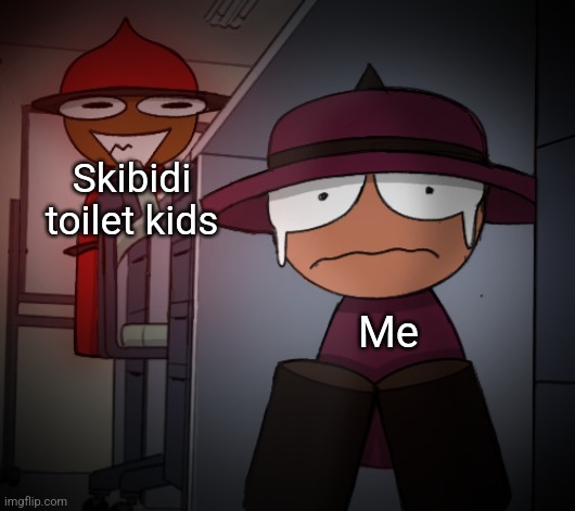 Skibidi kids are creeping me out | Skibidi toilet kids; Me | image tagged in banbodi hiding from expunged,skibidi toilet need to be stopped,vsbanbodi,dave and bambi | made w/ Imgflip meme maker