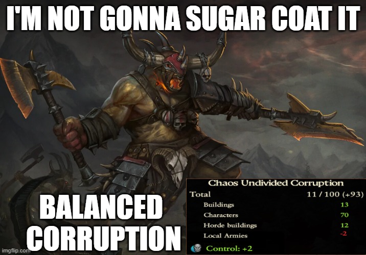 Warhammer Memes | I'M NOT GONNA SUGAR COAT IT; BALANCED 
CORRUPTION | image tagged in warhammer40k,warhammer 40k,warhammer | made w/ Imgflip meme maker