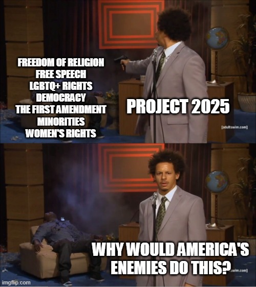 Who Killed Hannibal Meme | FREEDOM OF RELIGION
FREE SPEECH
LGBTQ+ RIGHTS
DEMOCRACY
THE FIRST AMENDMENT
MINORITIES
WOMEN'S RIGHTS; PROJECT 2025; WHY WOULD AMERICA'S ENEMIES DO THIS? | image tagged in memes,who killed hannibal | made w/ Imgflip meme maker