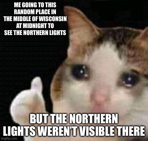Pain. | ME GOING TO THIS RANDOM PLACE IN THE MIDDLE OF WISCONSIN AT MIDNIGHT TO SEE THE NORTHERN LIGHTS; BUT THE NORTHERN LIGHTS WEREN’T VISIBLE THERE | image tagged in sad thumbs up cat | made w/ Imgflip meme maker