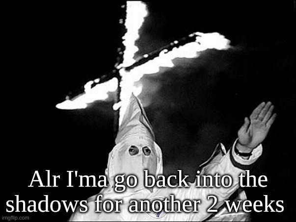 bye | Alr I'ma go back into the shadows for another 2 weeks | image tagged in kkk heil | made w/ Imgflip meme maker