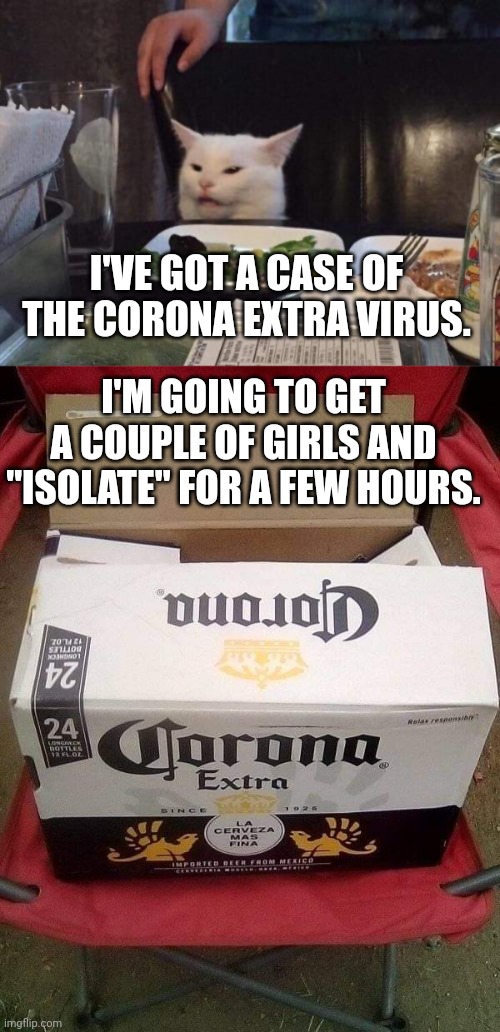 I'VE GOT A CASE OF THE CORONA EXTRA VIRUS. I'M GOING TO GET A COUPLE OF GIRLS AND "ISOLATE" FOR A FEW HOURS. | image tagged in salad cat | made w/ Imgflip meme maker