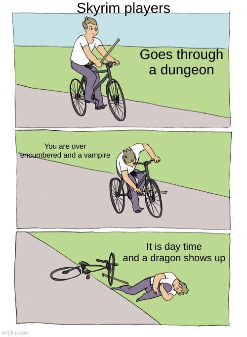 Bike Fall | Skyrim players; Goes through a dungeon; You are over encumbered and a vampire; It is day time and a dragon shows up | image tagged in memes,bike fall | made w/ Imgflip meme maker