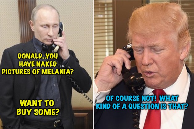 A call of international importance | DONALD...YOU HAVE NAKED PICTURES OF MELANIA? OF COURSE NOT!  WHAT KIND OF A QUESTION IS THAT? WANT TO 
BUY SOME? | image tagged in putin and trump on phone | made w/ Imgflip meme maker