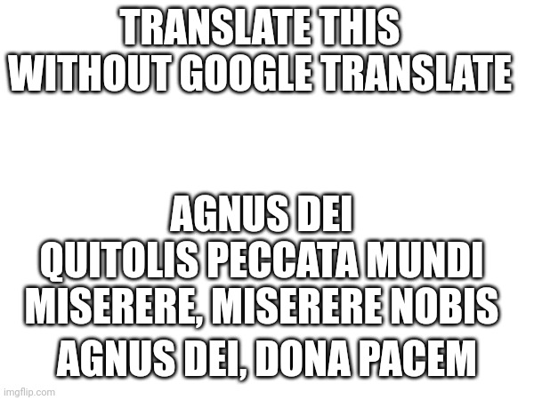 It's a song in latin | TRANSLATE THIS WITHOUT GOOGLE TRANSLATE; AGNUS DEI
QUITOLIS PECCATA MUNDI
MISERERE, MISERERE NOBIS; AGNUS DEI, DONA PACEM | made w/ Imgflip meme maker