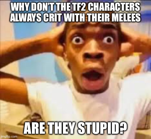 No way face (shocked black guy) | WHY DON’T THE TF2 CHARACTERS ALWAYS CRIT WITH THEIR MELEES; ARE THEY STUPID? | image tagged in no way face shocked black guy | made w/ Imgflip meme maker