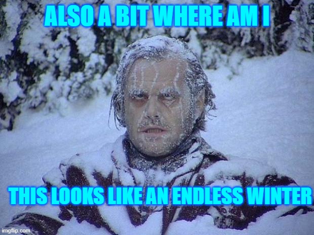 ALSO A BIT WHERE AM I THIS LOOKS LIKE AN ENDLESS WINTER | image tagged in memes,jack nicholson the shining snow | made w/ Imgflip meme maker
