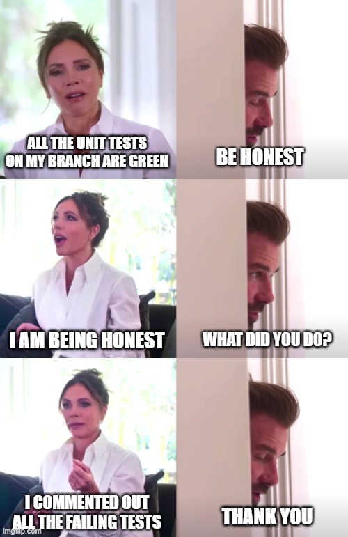 Victoria Beckham writes unit tests | ALL THE UNIT TESTS ON MY BRANCH ARE GREEN; BE HONEST; I AM BEING HONEST; WHAT DID YOU DO? I COMMENTED OUT ALL THE FAILING TESTS; THANK YOU | image tagged in victoria david beckham be honest | made w/ Imgflip meme maker
