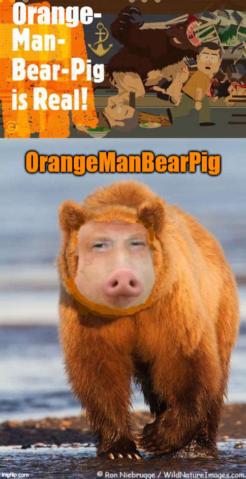 Orange Man Bear Pig is Real! | Orange- | image tagged in orange man bear pig,donald trump,south park,maga monster,butters dead,al gore | made w/ Imgflip meme maker