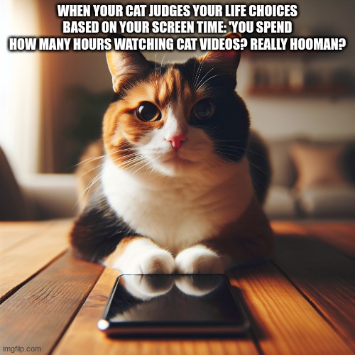 my cat | WHEN YOUR CAT JUDGES YOUR LIFE CHOICES BASED ON YOUR SCREEN TIME: 'YOU SPEND HOW MANY HOURS WATCHING CAT VIDEOS? REALLY HOOMAN? | image tagged in relatable | made w/ Imgflip meme maker