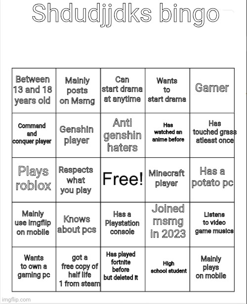 Blank Bingo | Shdudjjdks bingo; Can start drama at anytime; Mainly posts on Msmg; Gamer; Between 13 and 18 years old; Wants to start drama; Has touched grass atleast once; Anti genshin haters; Command and conquer player; Has watched an anime before; Genshin player; Has a potato pc; Plays roblox; Respects what you play; Minecraft player; Listens to video game musics; Joined msmg in 2023; Mainly use imgflip on mobile; Knows about pcs; Has a Playstation console; Has played fortnite before but deleted it; Wants to own a gaming pc; Mainly plays on mobile; got a free copy of half life 1 from steam; High school student | image tagged in blank bingo | made w/ Imgflip meme maker
