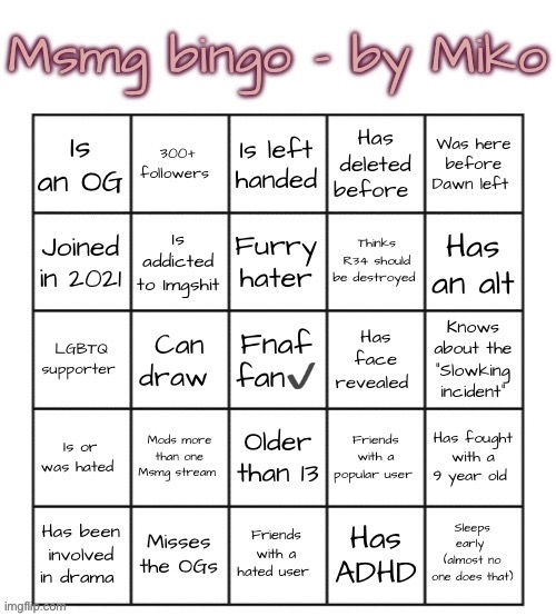 image tagged in msmg bingo - by miko | made w/ Imgflip meme maker