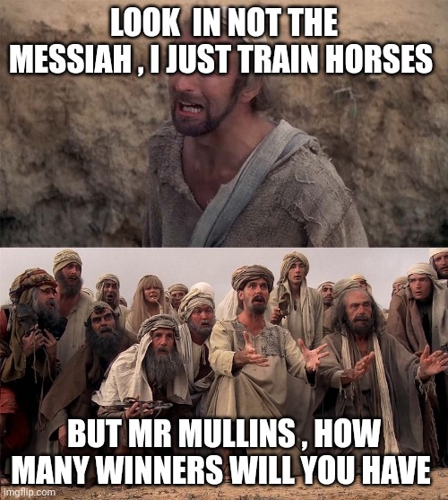 Monty Python Life of Brian Messiah | LOOK  IN NOT THE MESSIAH , I JUST TRAIN HORSES; BUT MR MULLINS , HOW MANY WINNERS WILL YOU HAVE | image tagged in monty python life of brian messiah | made w/ Imgflip meme maker