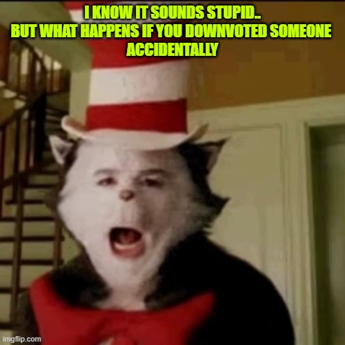 still not knowing some things of imglip | I KNOW IT SOUNDS STUPID.. BUT WHAT HAPPENS IF YOU DOWNVOTED SOMEONE 
ACCIDENTALLY | image tagged in cat in the hat | made w/ Imgflip meme maker