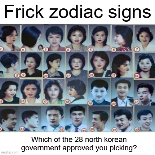 True personality test | Frick zodiac signs; Which of the 28 north korean government approved you picking? | image tagged in memes,funny | made w/ Imgflip meme maker