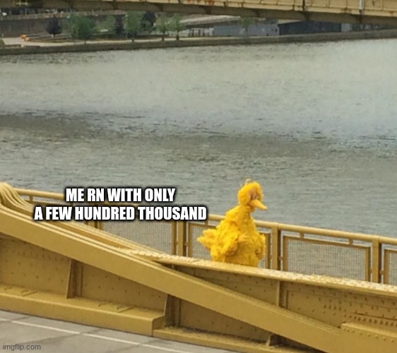 Sad Big Bird | ME RN WITH ONLY A FEW HUNDRED THOUSAND | image tagged in sad big bird | made w/ Imgflip meme maker