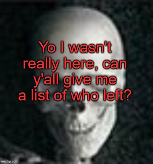 . | Yo I wasn't really here, can y'all give me a list of who left? | image tagged in skull | made w/ Imgflip meme maker