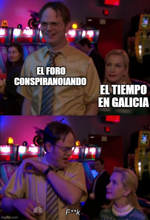 Angela scared Dwight | EL FORO CONSPIRANOIANDO; EL TIEMPO EN GALICIA | image tagged in angela scared dwight | made w/ Imgflip meme maker