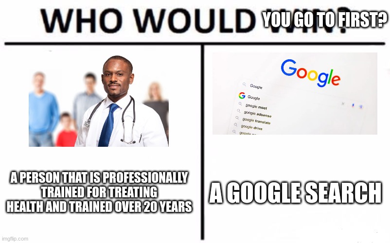 Lol | YOU GO TO FIRST? A PERSON THAT IS PROFESSIONALLY TRAINED FOR TREATING HEALTH AND TRAINED OVER 20 YEARS; A GOOGLE SEARCH | image tagged in memes,who would win | made w/ Imgflip meme maker