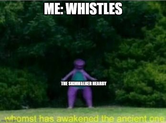 Never whistle in a forest, there may be a skinwalker nearby | ME: WHISTLES; THE SKINWALKER NEARBY | image tagged in whomst has awakened the ancient one,things not to do | made w/ Imgflip meme maker