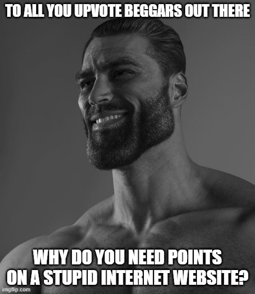 Like really, like we don't care if you get 100k points or smh. | TO ALL YOU UPVOTE BEGGARS OUT THERE; WHY DO YOU NEED POINTS ON A STUPID INTERNET WEBSITE? | image tagged in giga chad | made w/ Imgflip meme maker