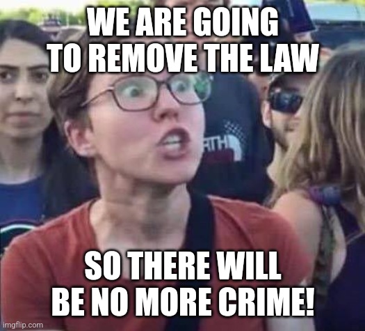 Angry Liberal | WE ARE GOING TO REMOVE THE LAW SO THERE WILL BE NO MORE CRIME! | image tagged in angry liberal | made w/ Imgflip meme maker
