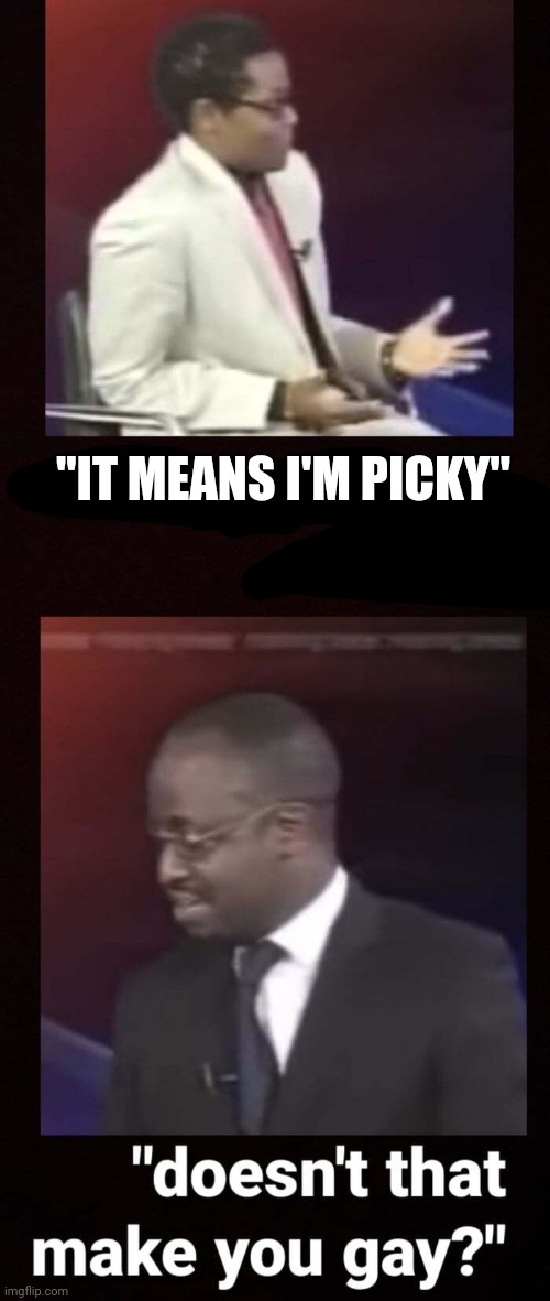 Doesn't that make you gae | "IT MEANS I'M PICKY" | image tagged in doesn't that make you gae | made w/ Imgflip meme maker