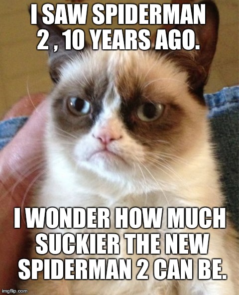 Grumpy Cat | I SAW SPIDERMAN 2 , 10 YEARS AGO.  I WONDER HOW MUCH SUCKIER THE NEW SPIDERMAN 2 CAN BE. | image tagged in memes,grumpy cat | made w/ Imgflip meme maker