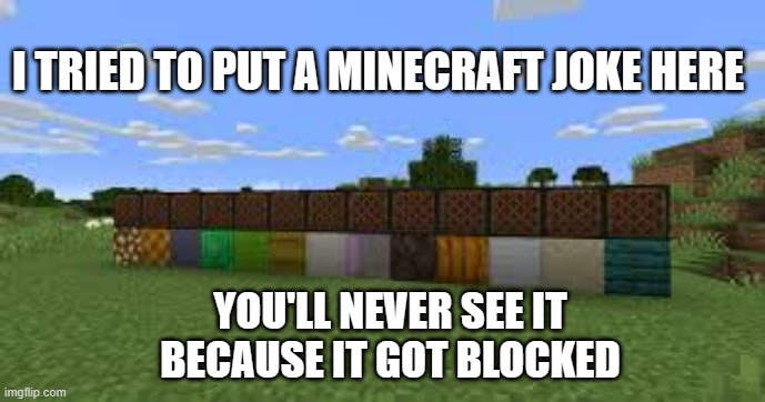 meme by Brad Minecraft joke you'll never see | I TRIED TO PUT A MINECRAFT JOKE HERE; YOU'LL NEVER SEE IT BECAUSE IT GOT BLOCKED | image tagged in gaming,funny,pc gaming,computer games,video games,humor | made w/ Imgflip meme maker