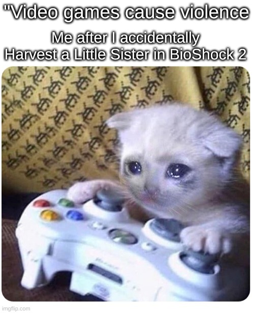 Fun Fact: Gatherers were changed to Little Sisters to foster empathy for them in the player | Me after I accidentally Harvest a Little Sister in BioShock 2; "Video games cause violence | image tagged in sad cat xbox | made w/ Imgflip meme maker