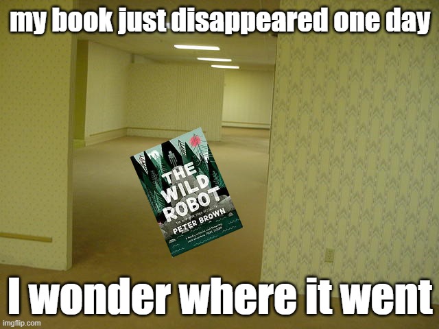 my book is still lost | my book just disappeared one day; I wonder where it went | image tagged in the backrooms | made w/ Imgflip meme maker