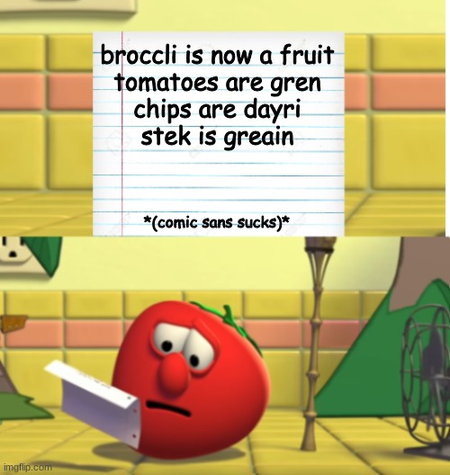 Bob Looking at Script | broccli is now a fruit
tomatoes are gren
chips are dayri
stek is greain *(comic sans sucks)* | image tagged in bob looking at script | made w/ Imgflip meme maker